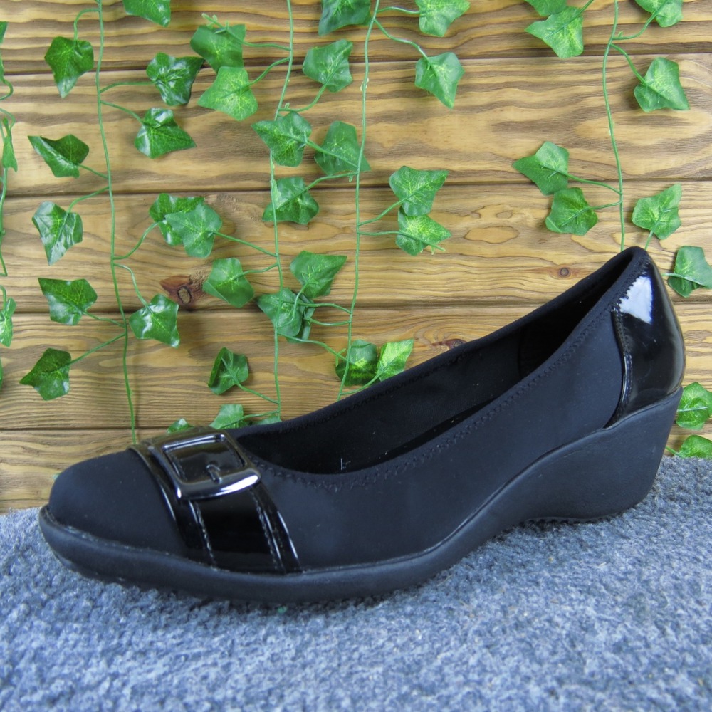 East 5th Flex Wedge Pumps Women's 10 Black Faux Leather Buckle Slip-On Comfort